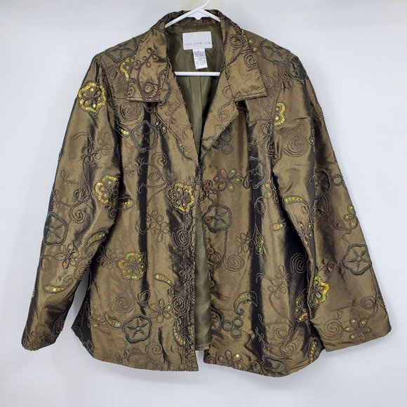 Susan Graver Style Green Floral Print Sequin Blazer Light Suit Coat Large - Picture 1 of 9